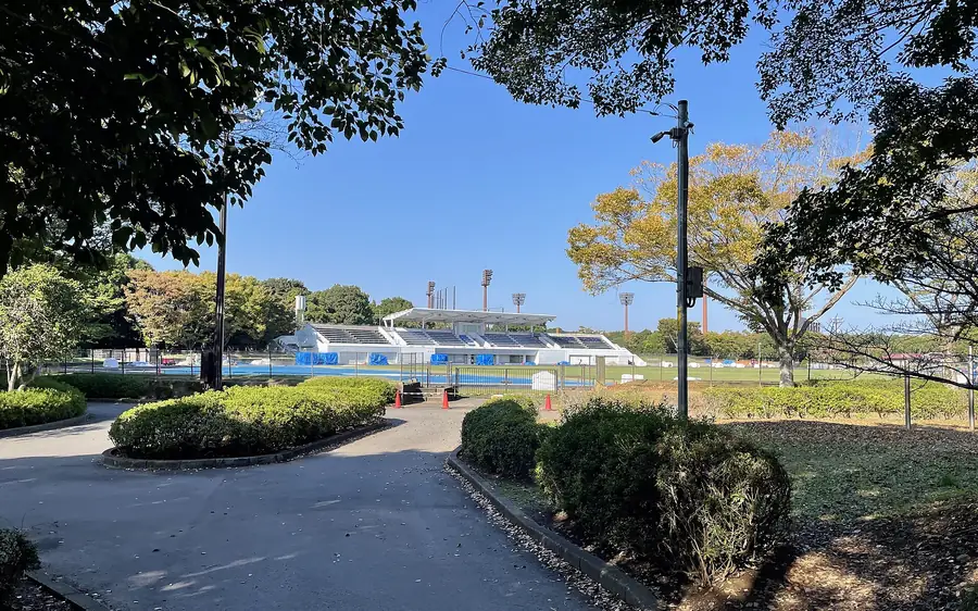 Vista de um estádio de atletismo a partir do parque envolvente
